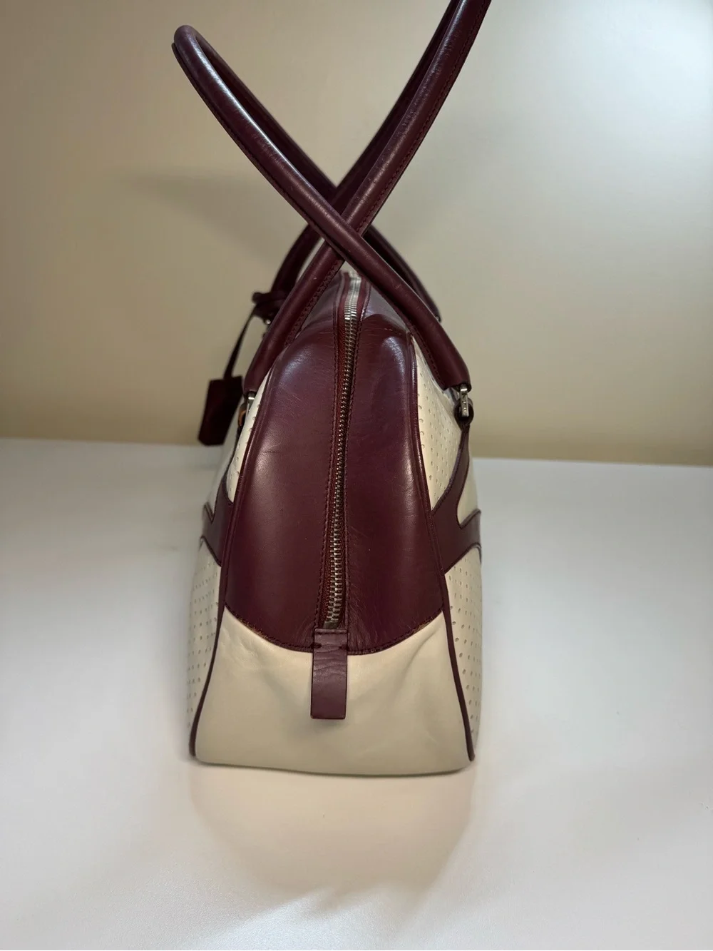 Prada Vintage Vitello Drive Leather Perforated Bowling Bag w/COA - Picture 4 of 16